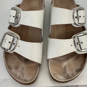 Birkenstock White Sandals with Silver Buckles